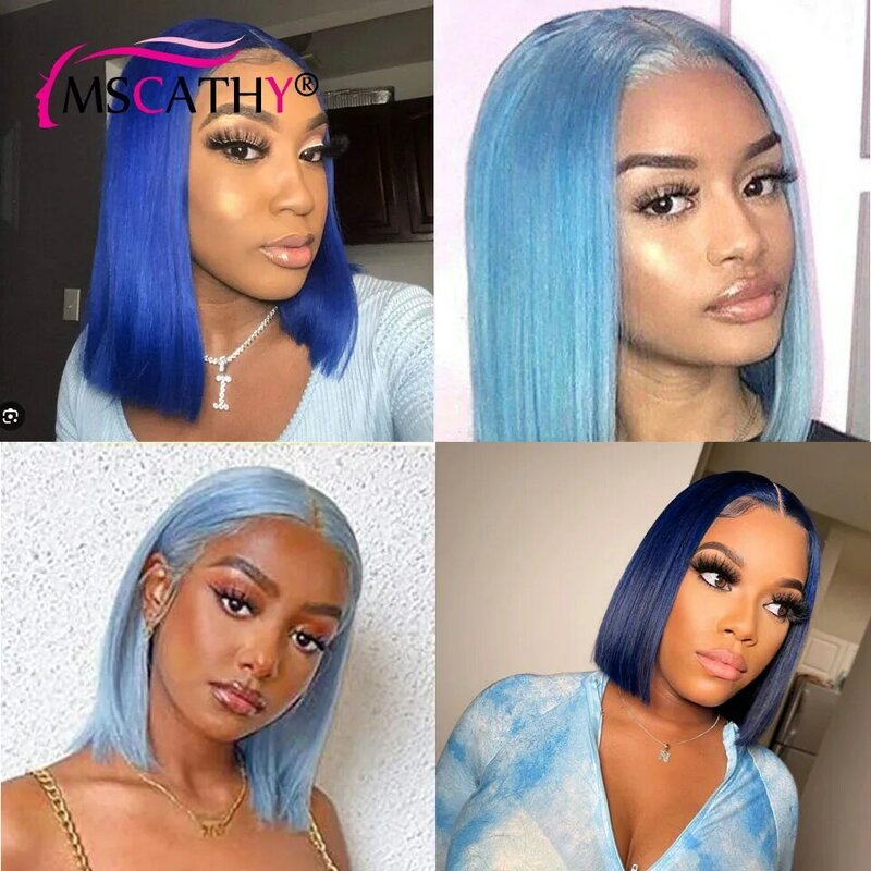 Blue Short Bob Wigs for Black Women Pre Plucked Human Hair Wigs with Baby Hair 13x4 Transparent Lace Front Wigs Natural Hairline