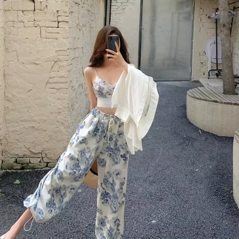 Women Fashion Summer Koran 2 Pieces Pant Sets Elegant Floral Print Sleeveless V-neck Tanks Tops Pants Kawaii Vacation Outfits