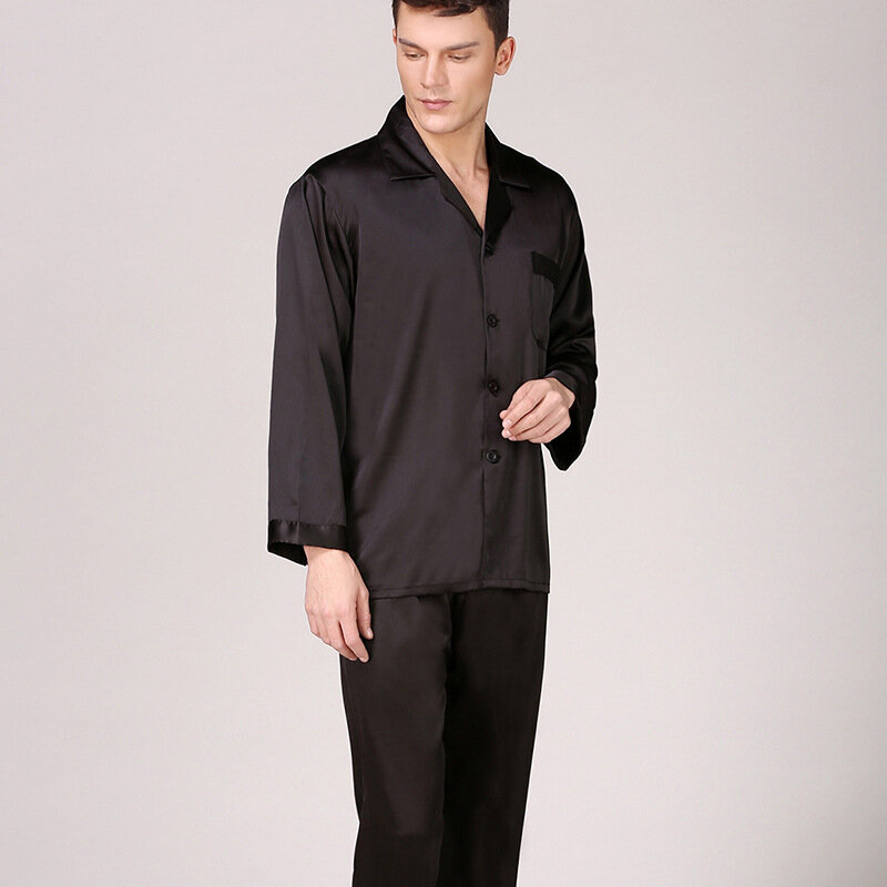 Pijama de satén de seda con cuello vuelto para hombre, ropa de dormir de manga larga, 2 piezas