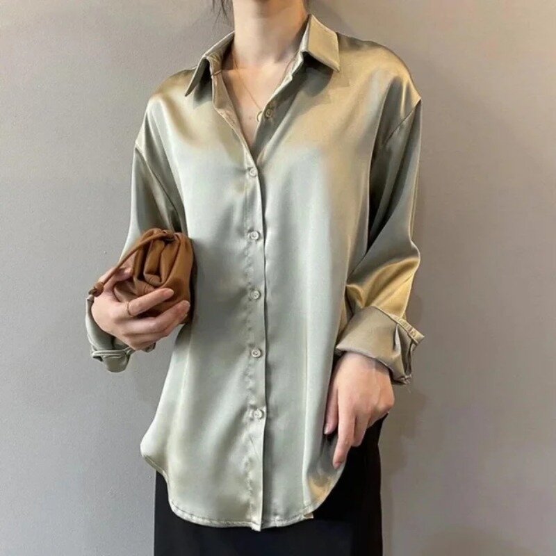 Рубашка женская деловая из крепа и сатина, брендовая Роскошная элегантная офисная блузка на пуговицах, с длинным рукавом, топ из шелка и крепа