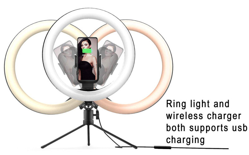 GAZ-126แหวนไฟแอลอีดี2 IN1 10วัตต์ที่ชาร์จแบบไร้สาย10นิ้วขาตั้งที่วางโทรศัพท์มือถือขาตั้งกล้องสำหรับ YouTube TikTok สดสตรีมมิ่ง