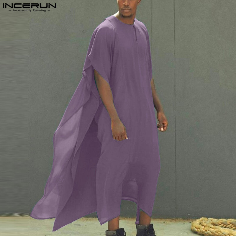 INCERUN jubah Kaftan lengan pendek pria, jubah kasual sederhana warna polos nyaman lengan pendek S-5XL 2023