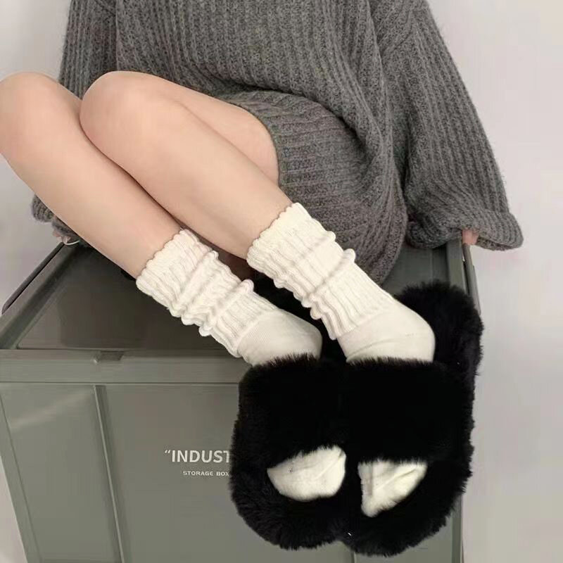 Sweet Girls Knitted Long Socks Women Middle Tube Lolita Boot Cuffs Ruffles Loose Autumn Winter Solid Color Crochet Stockings