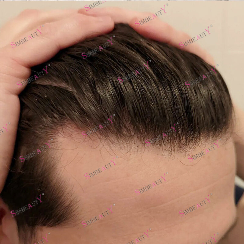 Peluca de cabello humano 100% para hombre, postizo negro de piel sintética ultrafina, Base en bucle, 120de densidad, rayita Natural, sistema de peluquín
