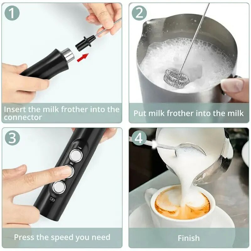 Wireless Rechargeable Electric Milk Frother - 3 Speeds, Handheld Foam Maker for Latte, Cappuccino, Hot Chocolate - USB Rechargea