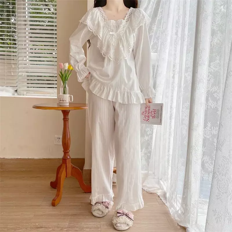 女性用の白いレースのパジャマセット,柔らかい綿,ルーズ,カジュアル,フレンチ,秋,新しいコレクションd800