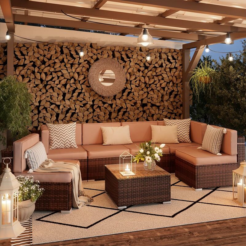 PE Rattan Sofa Wicker Patio Conversation Set with Cover for Deck Balcony Yard Poolside w/Coffee Table Thicken Cushions