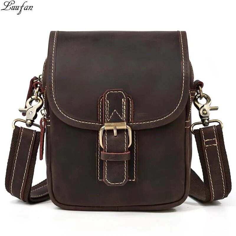 Genuine Leather Waist Bag For Men Cow Leather Small Messenger Bag Male Fanny Waist Pack Real Leather Shoulder Bag Brown