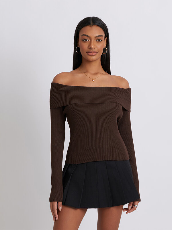 Nvzhuang maglione a maniche lunghe da donna con spalle scoperte maglione a coste lavorato a maglia Casual top t-shirt aderenti asimmetriche Streetwear