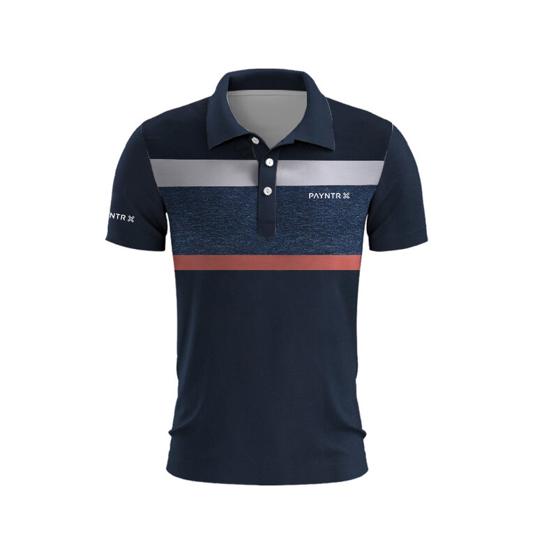 Três cores dos homens listrado impressão Golf T-Shirt, Top de secagem rápida, Golf Club Botão Polo, Roupa do verão