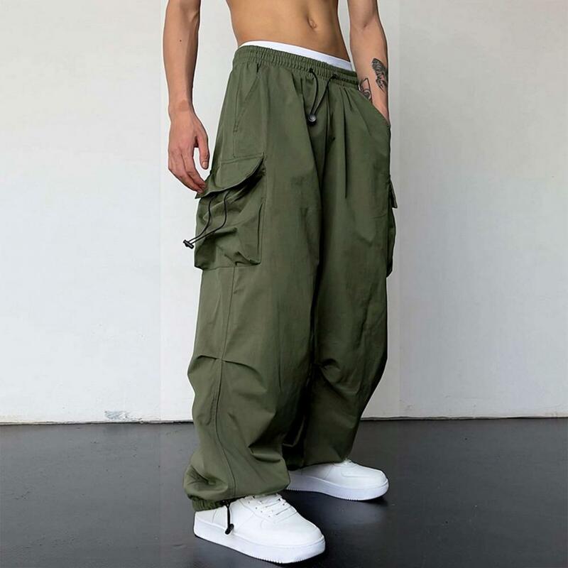 Calças de bolso múltiplo masculinas com vários bolsos, calças com elástico na cintura alta, crotch profundo, streetwear elegante