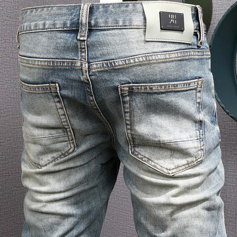 Newly Designer Fashion Men Jeans Retro Washed Blue Elastic Slim Fit Ripped Jeans Men Trousers Painted Vintage Denim Pants Hombre