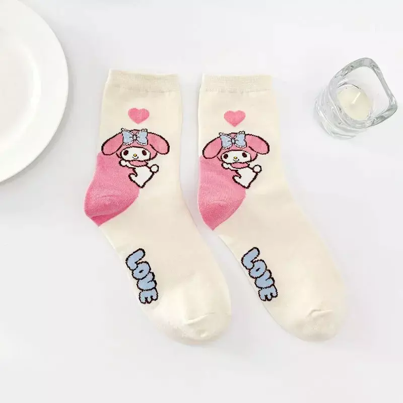 Kaus kaki panjang wanita motif kartun Sanrio kaus kaki panjang wanita kaus kaki panjang anak perempuan warna merah muda katun tabung sedang kaus kaki panjang kelinci kecil