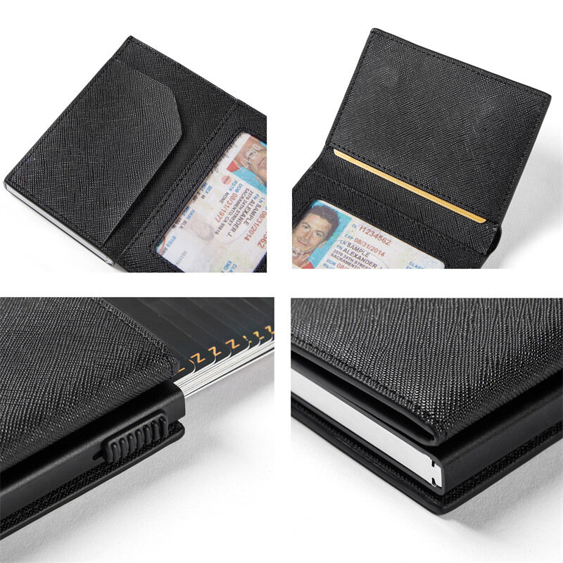 자동 카드홀더 탄소 섬유 및 블랙 PU 가죽 RFID 마그네틱 카드홀더, 캐주얼 비즈니스 남성용 지갑