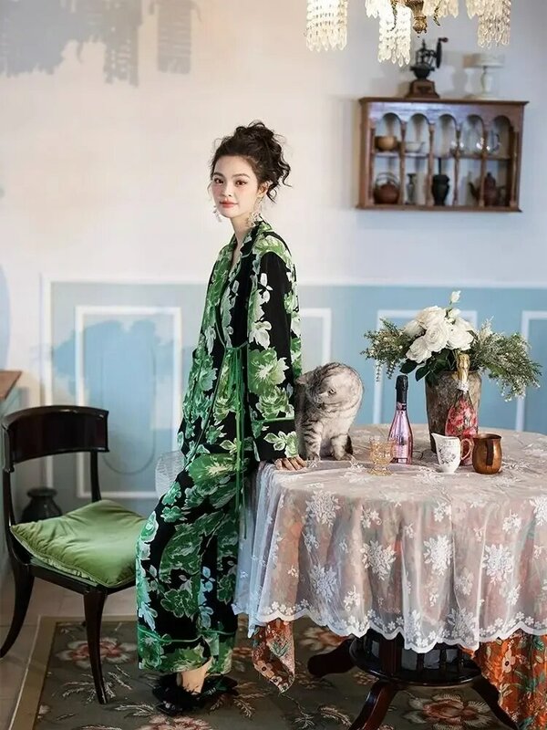 Ijspyjama 'S Met Lange Mouwen Voor Dames, Lente En Herfst, Elegante Kleurblokkerende Kimono-Bandjes, Tweedelige Nachtkleding Voor Thuiskleding