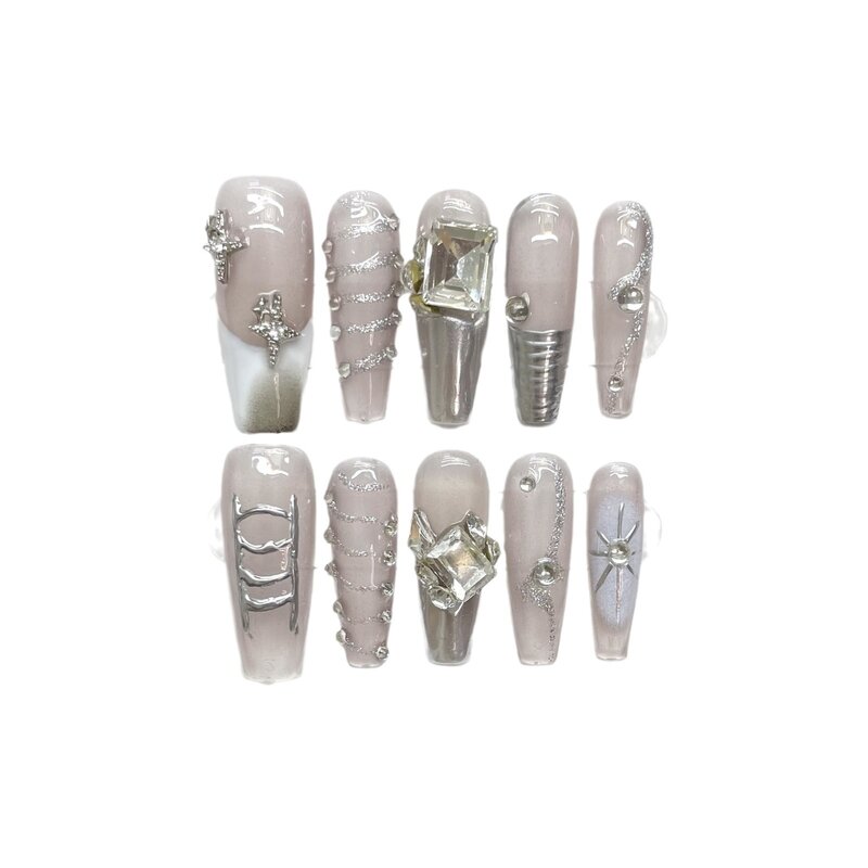 Shiny Handmade Nails Press on Full Cover Manicuree Big Diamonds False Nails Wearable Artificial With Tool Kit