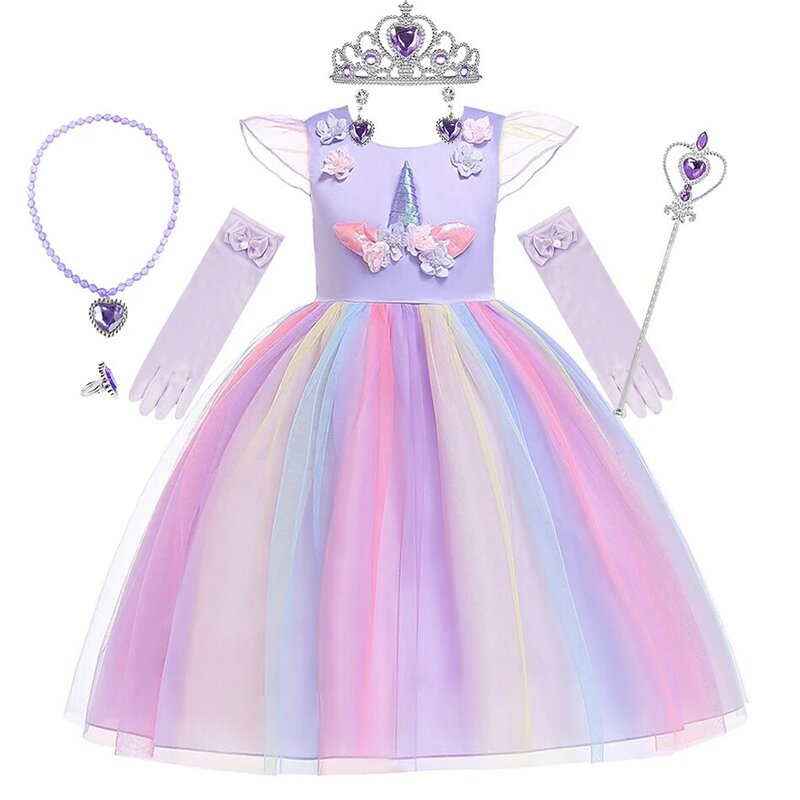 Disfraz de unicornio para niña, vestido de fiesta con apliques, arcoíris, Halloween, disfraz elegante de princesa, ropa de cumpleaños