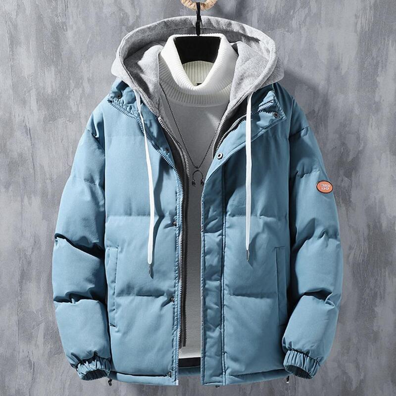 Men Zippered Coat Trendy Fake Two-piece Design Coat Windproof Hooded Jackets for Men Thickened Cotton Outwear with Fake