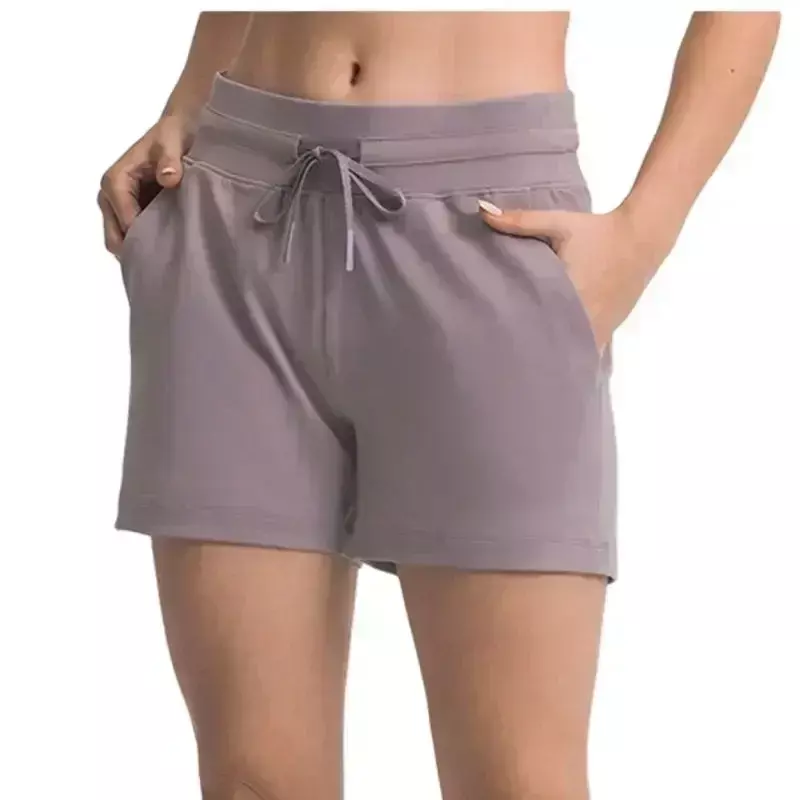 Shorts de corrida com cordão rápido de limão para mulheres, roupa de ginástica, treino esportivo, shorts esportivos com bolsos, 4 cm, verão