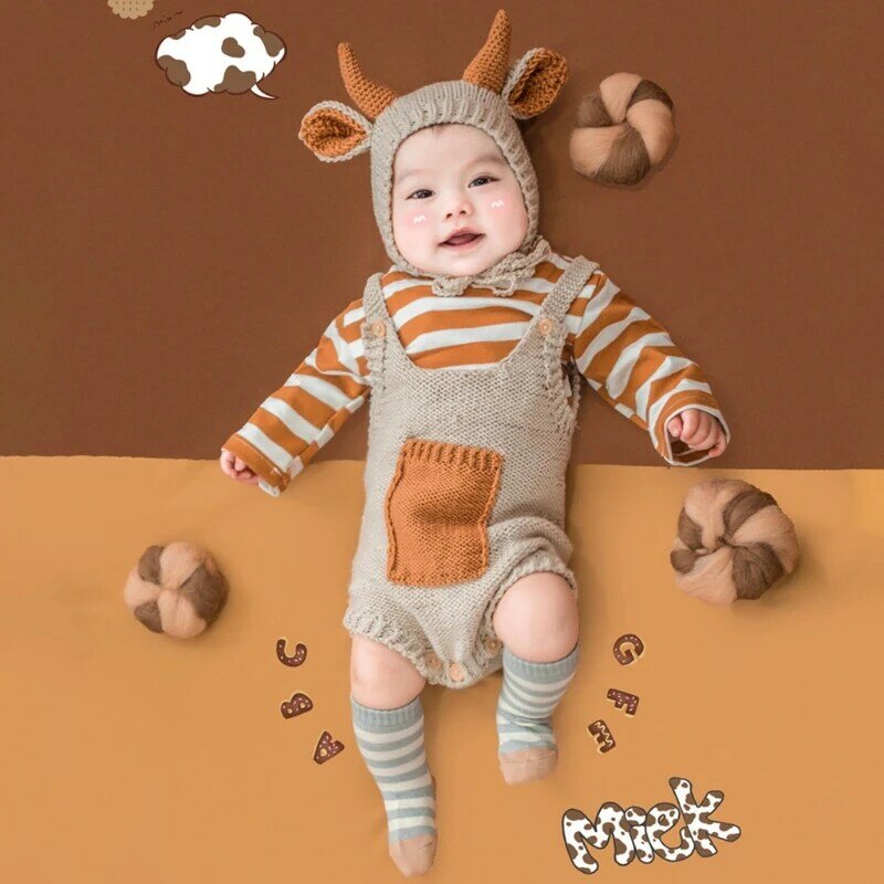 2 szt. Dziecko dzianinowa czapka uszami krowy zestaw pajacyków noworodka fotografia rekwizyty czapka kombinezon zestaw sesja