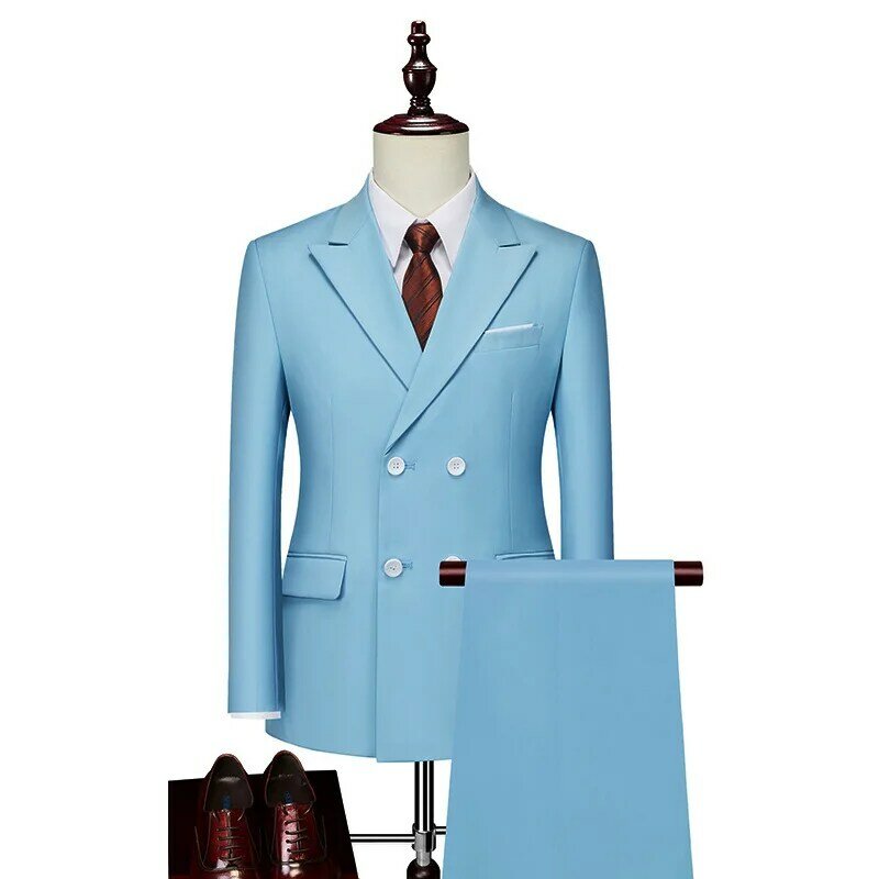 Traje de 2 piezas para hombre, conjunto informal de negocios de doble botonadura, Color sólido, adecuado para banquete de boda, chaqueta con pantalones