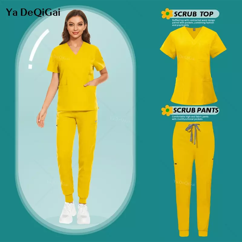 Uniforme amarillo brillante Unisex con bolsillos, Top y pantalones, uniformes de enfermera, médico de Hospital, ropa de trabajo de cirugía Dental, conjuntos de exfoliantes médicos