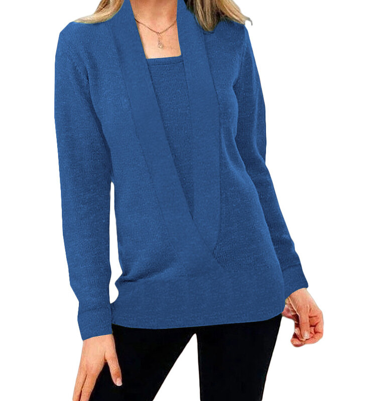 Suéteres de dos piezas falsos de Color sólido para mujer, ropa básica informal de manga larga que combina con todo, Otoño e Invierno