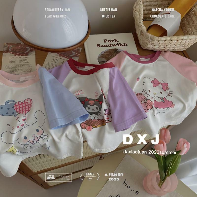 Sanrios Hello Kittys Meisjes T-Shirt Katoen Kawaii Kuromi Cinnamoroll Kind Korte Mouw Cartoon Print Zomer Koreaanse Tops Schattig