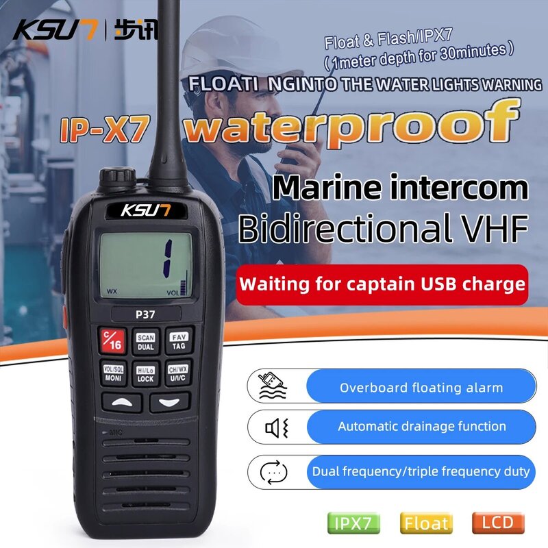 KSUTP37-radio portátil VHF para barco, walkie-talkie impermeable, IP-X7, flotante, SUMERGIBLE