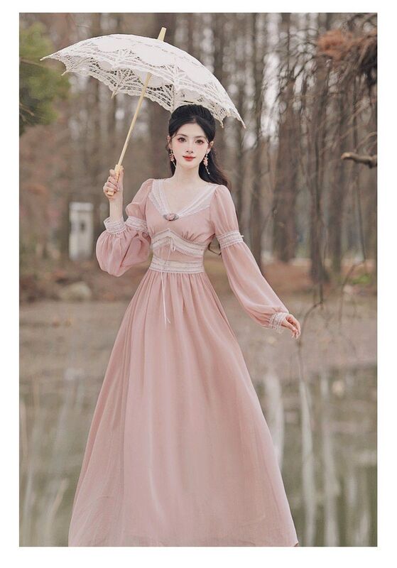 Korea romantyczna różowa szyfonowa sukienka wróżki kobieta w stylu Vintage latarniowy rękaw dekolt w serek koronkowe sukienki księżniczki na nocną imprezę Vestido Festa