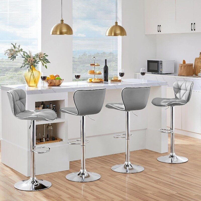 Island-Taburetes de Bar con respaldo de concha, Juego de 4 sillas de Bar modernas, taburetes giratorios ajustables de cuero PU