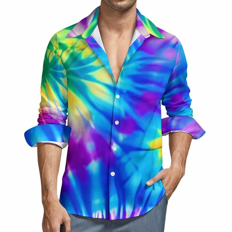 Colorful Tie Dye Casual Shirt Mens Rainbow Print Streetwear Shirt Autumn Retro Blouse Long Sleeve Custom DIY Oversize Top