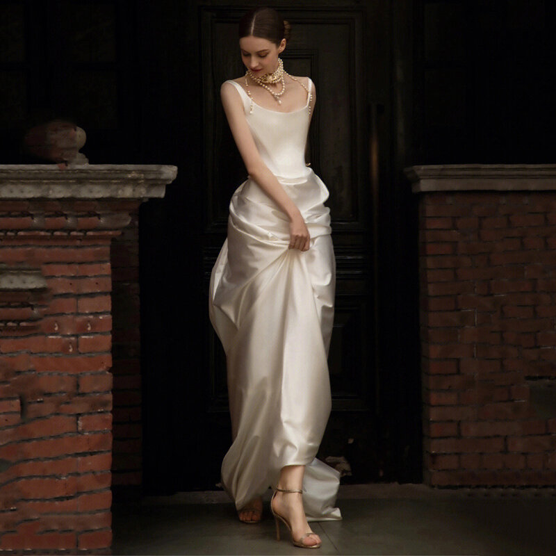 French Style White Satin Trailing Bride Wedding Dress Elegant Prom Evening Dresses for Women Summer 2024 Sexy Formal vestidos