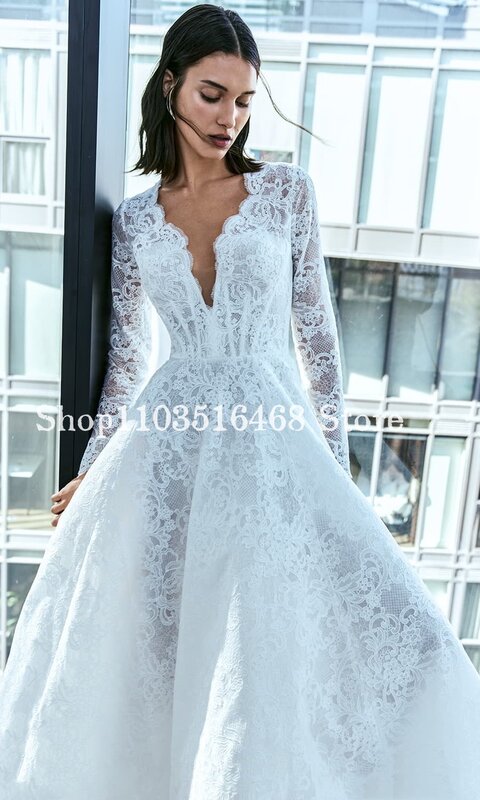 Sexy Formal Occasion Wedding White Sheer Embroidered Veil Long Sleeve A-Line Long Bridal Gowns Vestidos Novias Boda
