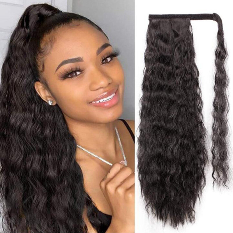26 inch Synthetic Curly Corn Wavy Long Ponytail Extension Hairpiece Wrap on Drawstring black Hair Extensions Pony Tail for woman