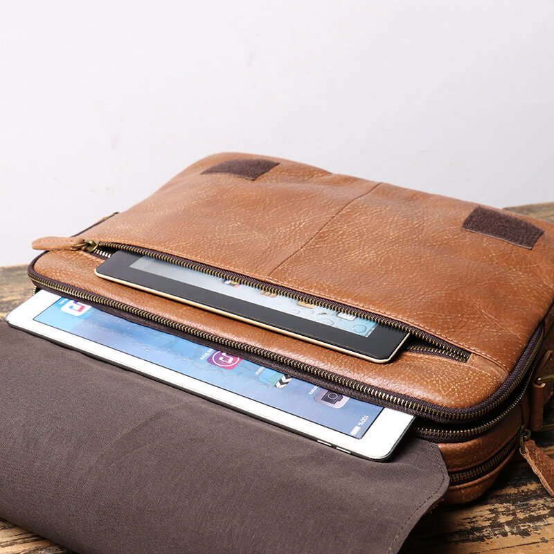 Leathfocus Europe and American Retro Men's Handheld Briefcase Large Capacity Cowhide Crossbody Bag Ladies 14 " Laptop Bag