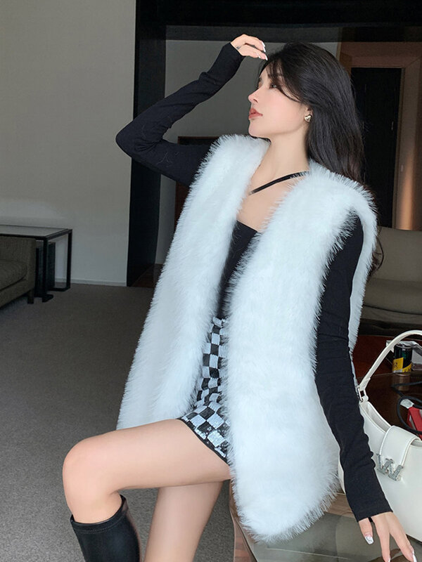 Элегантный женский жилет Zoki из искусственного лисьего меха, модная теплая зимняя куртка без рукавов, Корейская свободная повседневная женская верхняя одежда из искусственной кожи с V-образным вырезом