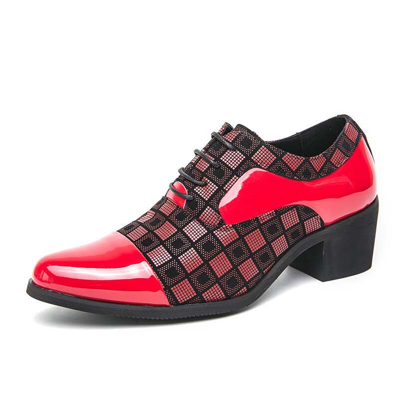 Luksusowe męskie buty na wysokim obcasie ze szpiczastym noskiem Modne czerwone brokatowe skórzane buty do sukienki Mężczyzna Dorywczo biznesowe sznurowane buty formalne dla mężczyzn