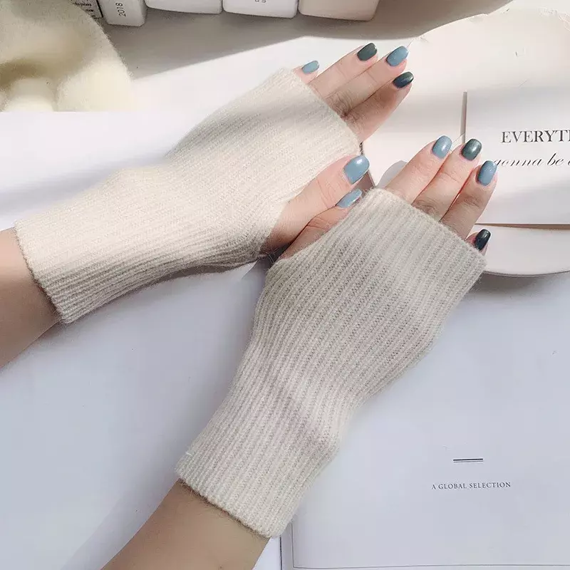 Novo inverno metade do dedo luvas para mulheres meninas moda lã macia luvas de malha cor sólida clássico braço luvas sem dedos