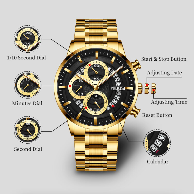 NIBOSI jam tangan kronograf pria, arloji Stainless Steel tahan air dengan kalender untuk lelaki