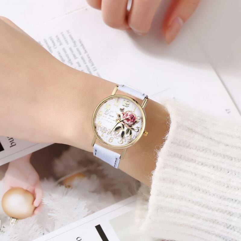 Relógio Padrão Rosa das mulheres, mostrador redondo clássico, pulseira de couro falso, quartzo preciso, movimento relógio de pulso, aniversário presente