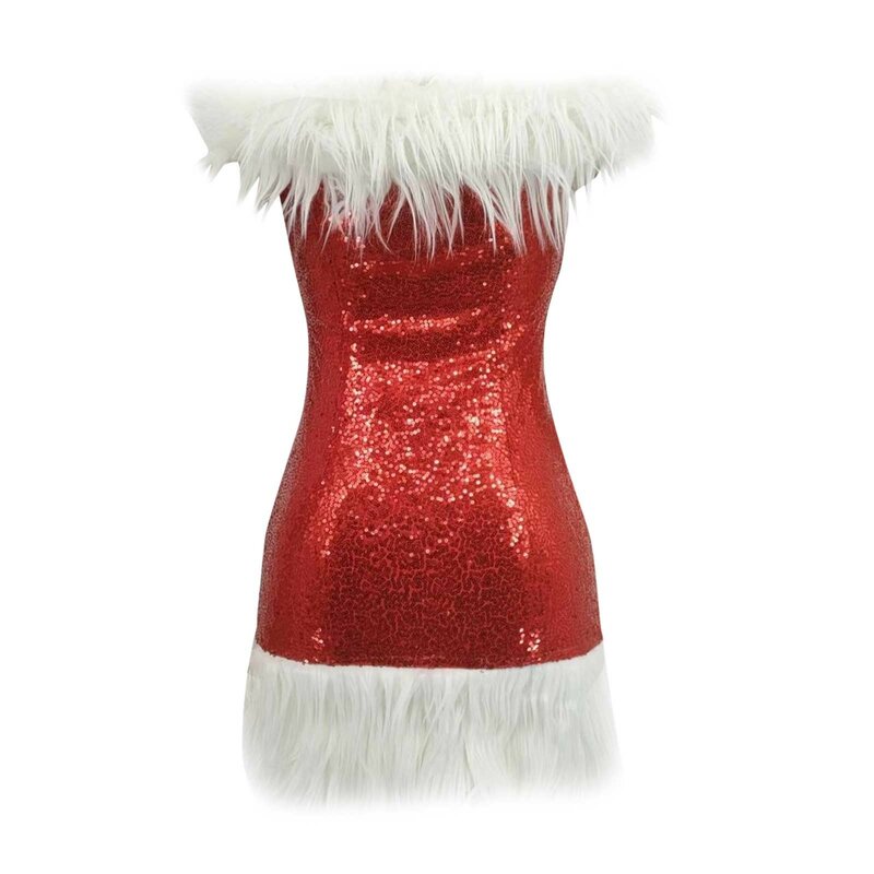 Robe de Noël à paillettes pour femme, robe de soirée élégante, hanche mince, mini robe ronde avec plume en peluche floue, automne 2024