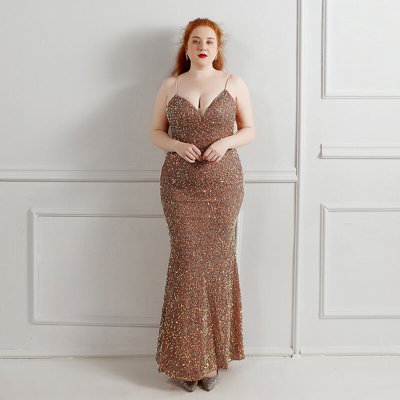 Plus Size Spaghetti Strap Mermaid Evening Dress Luxury Sequins Sexy Robe De Mariée Sleeveless Red Carpet Party Prom Gown