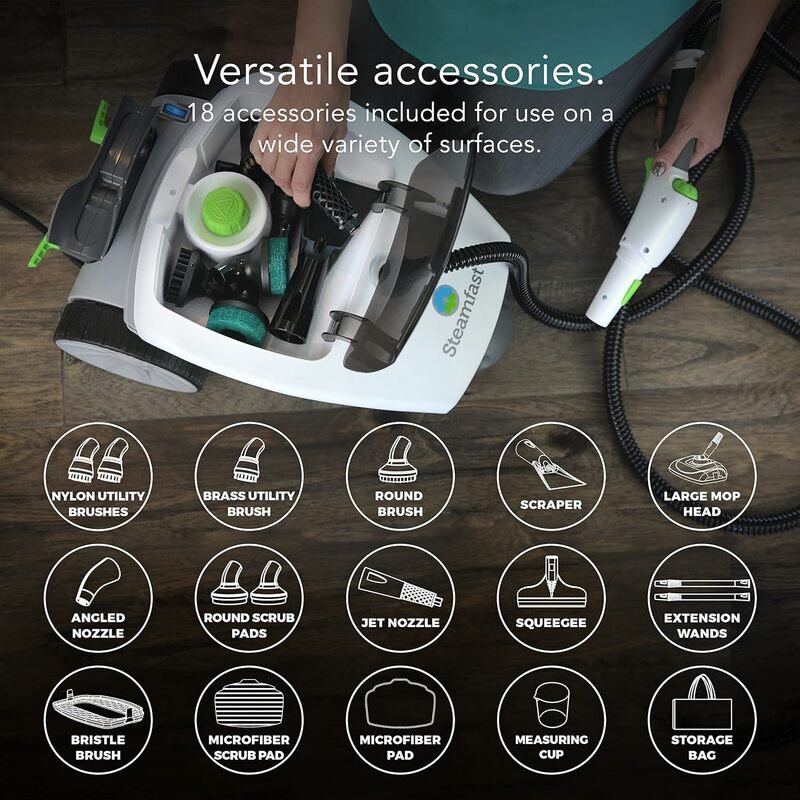 Steamfast SF-375 Deluxe Canister Steam Cleaner avec 18 accessoires, déclencheur continu et stockage à bord, blanc
