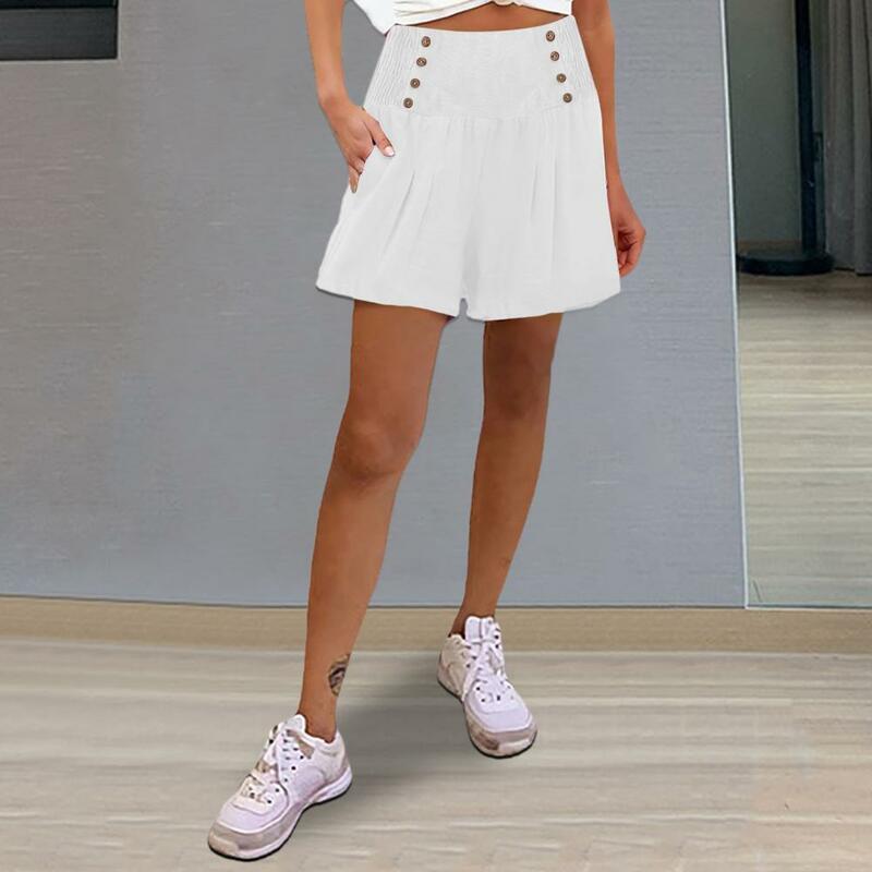 Elastic Waist Shorts Stylish High Waist Women's Shorts with Pleated Button Detail Side Pockets for Summer Vacation Beach