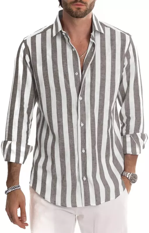 Camisa estampada listrada de manga comprida masculina, material macio e confortável, cor sólida, top de moda clássico havaiano, novo, 2023