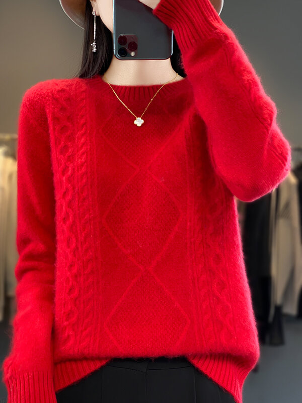 2024 New Fashion 100% Merino Wool Sweater O-Neck Long Sleeve Cashmere Women Knitted Pullover Autumn Winter Female Clothing Tops