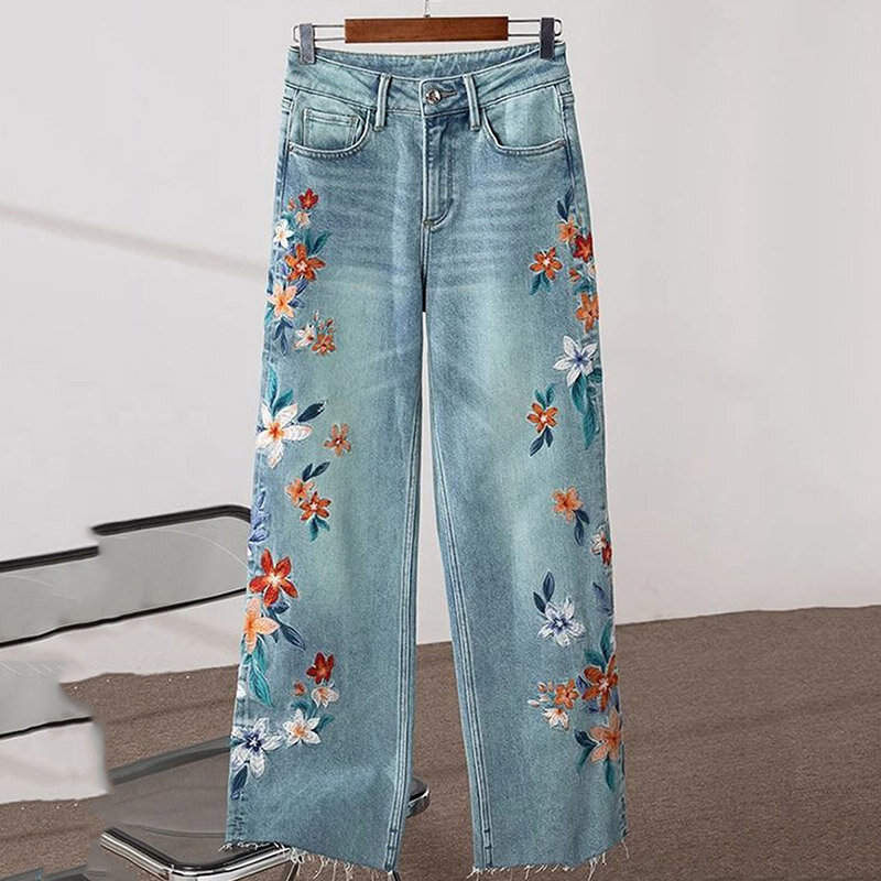 Новинка Весна 2024, джинсы с вышивкой, новые китайские подходящие ко всему прямые джинсовые брюки, женские узкие винтажные широкие брюки в южнокорейском стиле