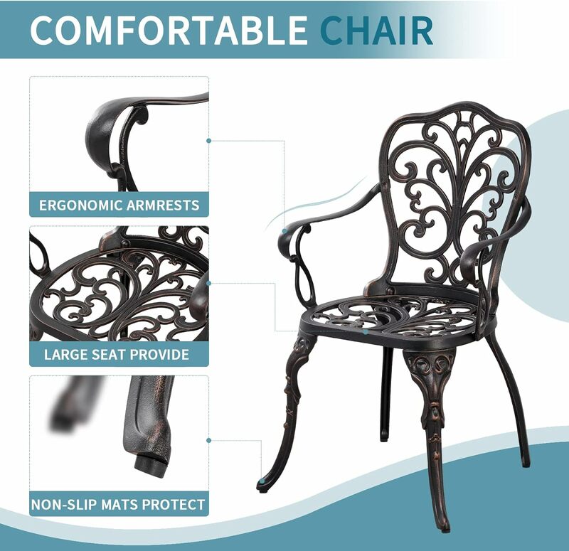 Juego de mesa y sillas Bistro de aluminio fundido para exteriores, conjunto de 2 piezas con agujero para sombrilla, para Patio, 3 piezas