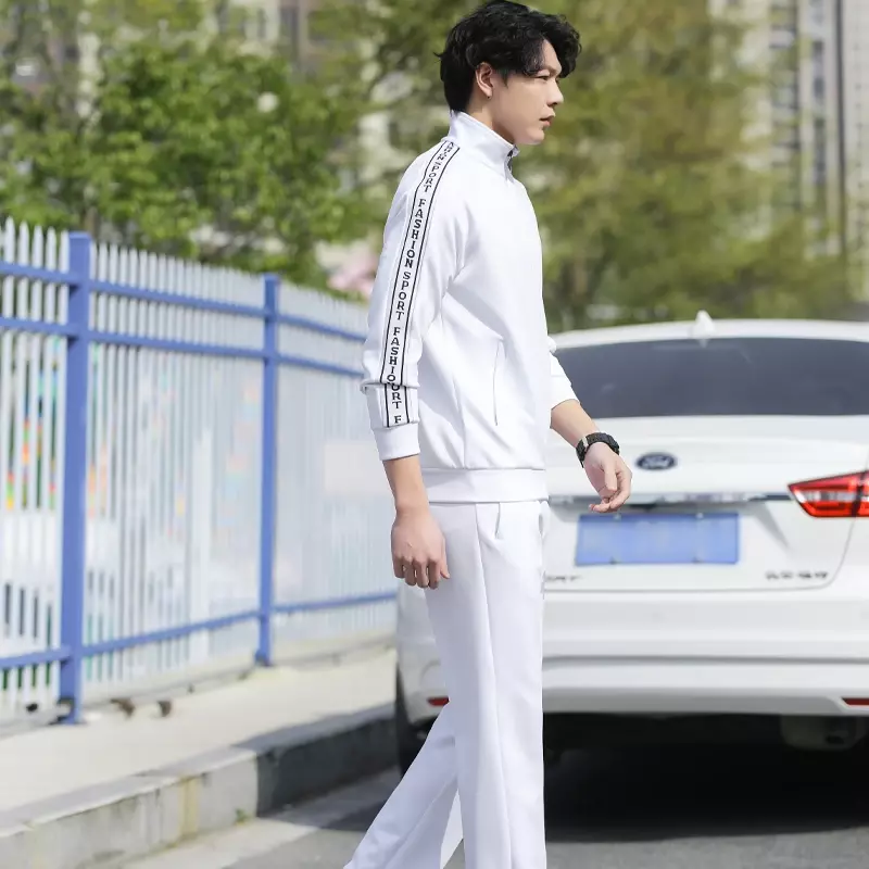Nowa męska zestawy odzieży sportowej casualowa biała dresowa męska wiosenna jesienna wąskie garnitury 2-częściowa bluza + spodnie oddychająca odzież